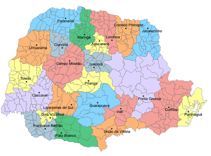 Mapa com a divisão dos Escritórios Regionais da Secretaria