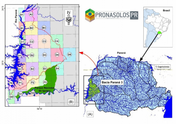 Figura 1 -Localização da Bacia Paraná 3 - BPIII no Paraná (A) e distribuição das cartas na BPIII,