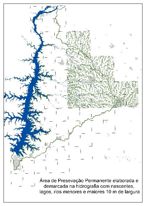 Figura 2 - Área de Preservação Permanente elaborada e demarcada na hidrografia com nascentes, lagos, rios menores e maiores 10 m de largura.