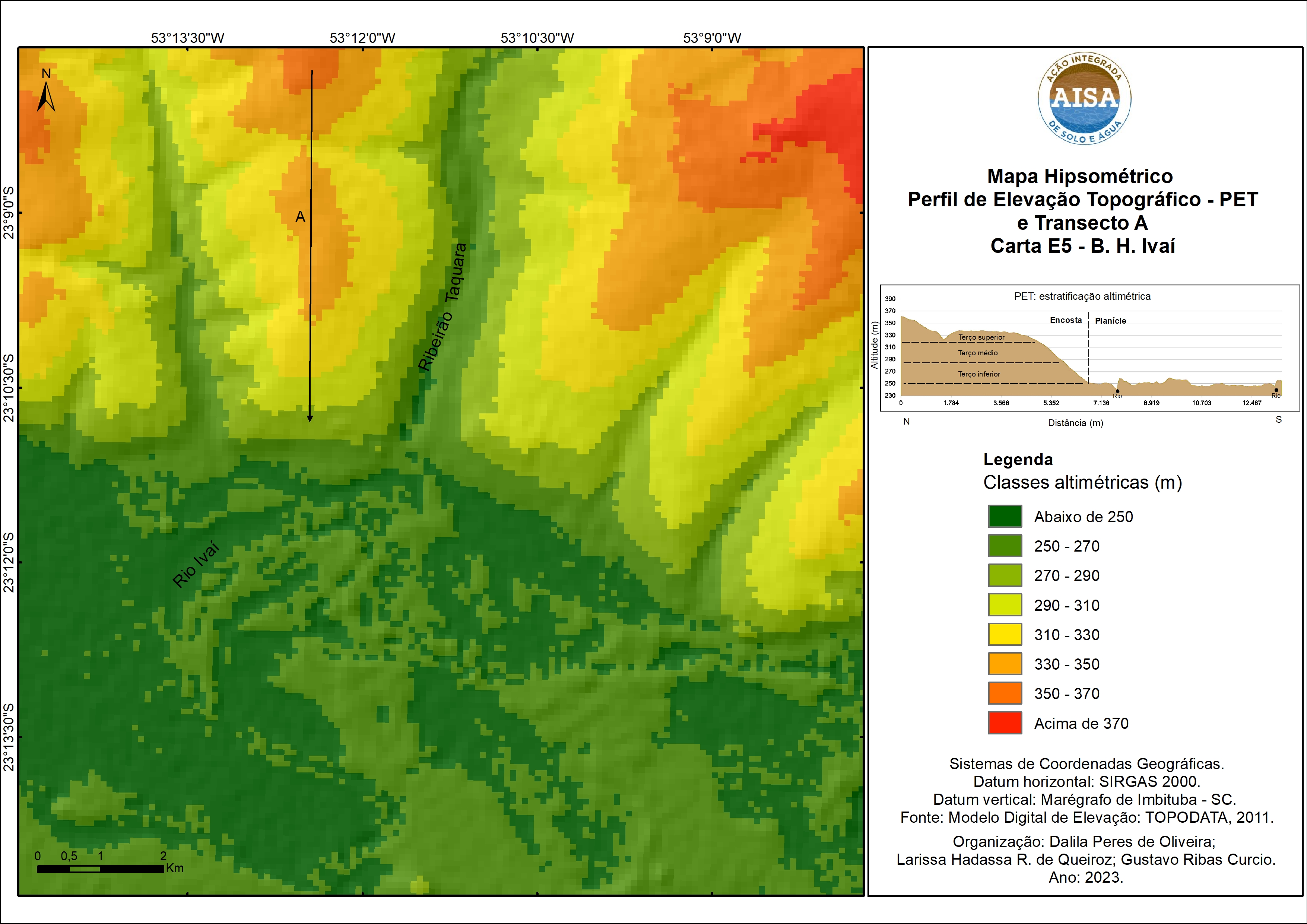 Figura 1 – Representação de paisagem do Rio Ivaí e encostas adjacentes através de mapa hipsométrico com hillshade, perfil de elevação topográfico e transecto A – Carta E5, Bacia Hidrográfica Rio Ivaí – Projeto AISA.