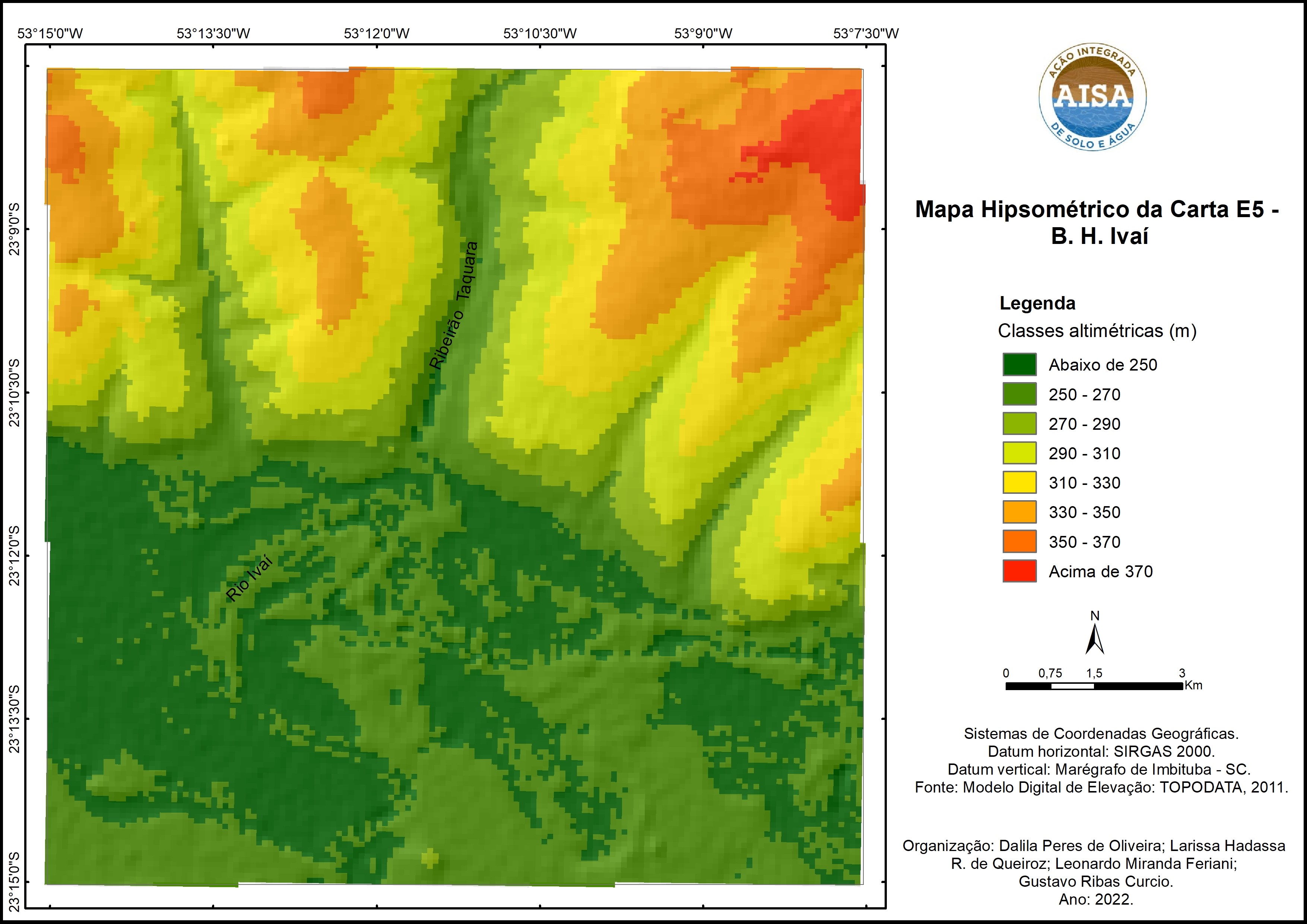 Figura 1 – Representação geomorfológica de determinado trecho do Rio Ivaí através de Mapa hipsométrico com hillshade e Perfil de elevação topográfico – PET – Carta E5 - Projeto AISA.