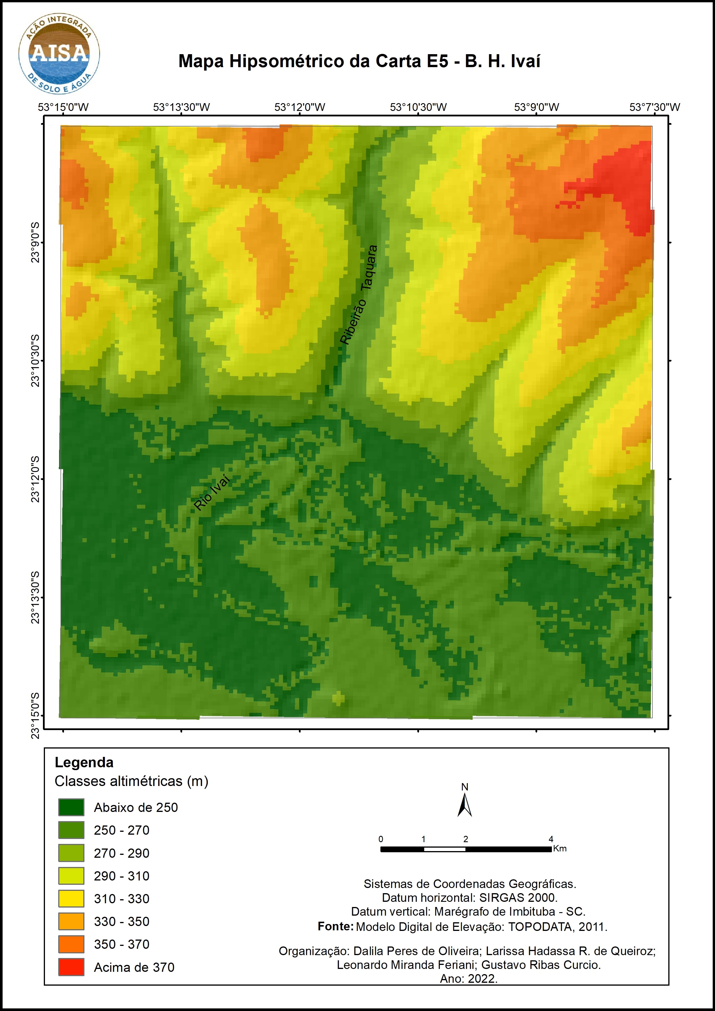 Figura 3 – Mapa hipsométrico associado ao hillshade de região compreendida pelo Projeto AISA na Bacia Hidrográfica do Rio Ivaí.
