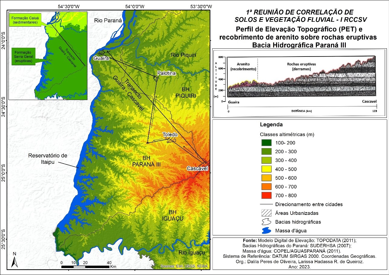 Figura 3 - Classes hipsométricas e Perfil de Elevação do Terreno com representação esquemática das unidades litoestratigráficas da área de interesse da 1a RSSCV.