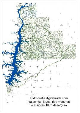 Figura 1 - Hidrografia digitalizada com nascentes, lagos, rios menores e maiores 10 m de largura.
